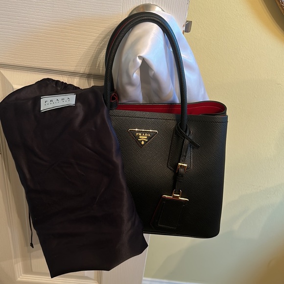 Prada Saffiano Leather Double Strap Bag with Red Interior - Picture 2 of 15